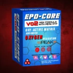 Blue EPO‑CORE VO₂ Max Formula supplement box with hexagonal design promoting endurance, oxygen utilization, and performance.