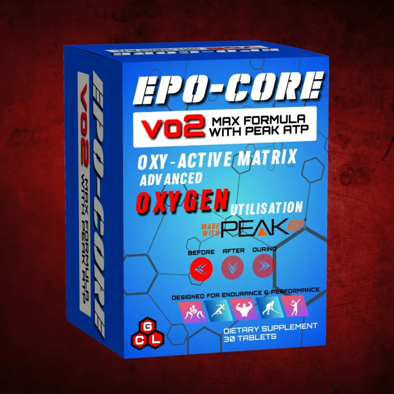 Blue EPO‑CORE VO₂ Max Formula supplement box with hexagonal design promoting endurance, oxygen utilization, and performance.