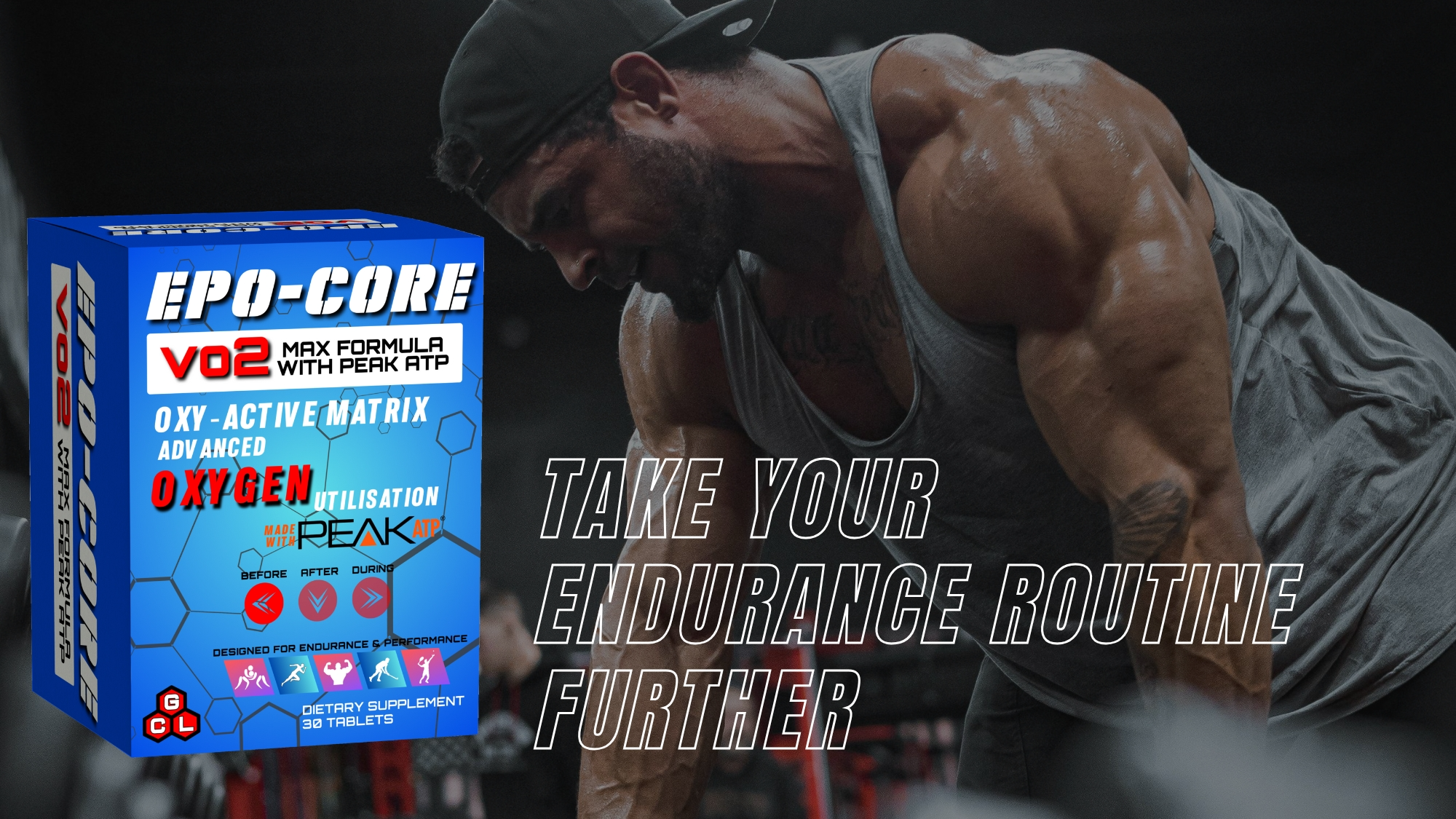 Promotional banner featuring EPO‑CORE VO₂ Max Formula supplement with athlete training, highlighting endurance and oxygen utilization support.