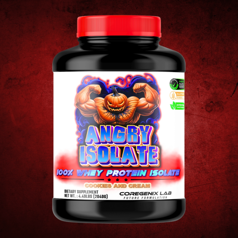 Coregenix Lab Angry Isolate whey protein container with muscular pumpkin mascot, cookies and cream flavor, highlighting strength and organic formulation.