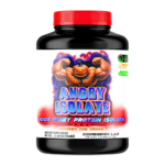 Coregenix Lab Angry Isolate whey protein container with muscular pumpkin mascot, cookies and cream flavor, highlighting strength and organic formulation.